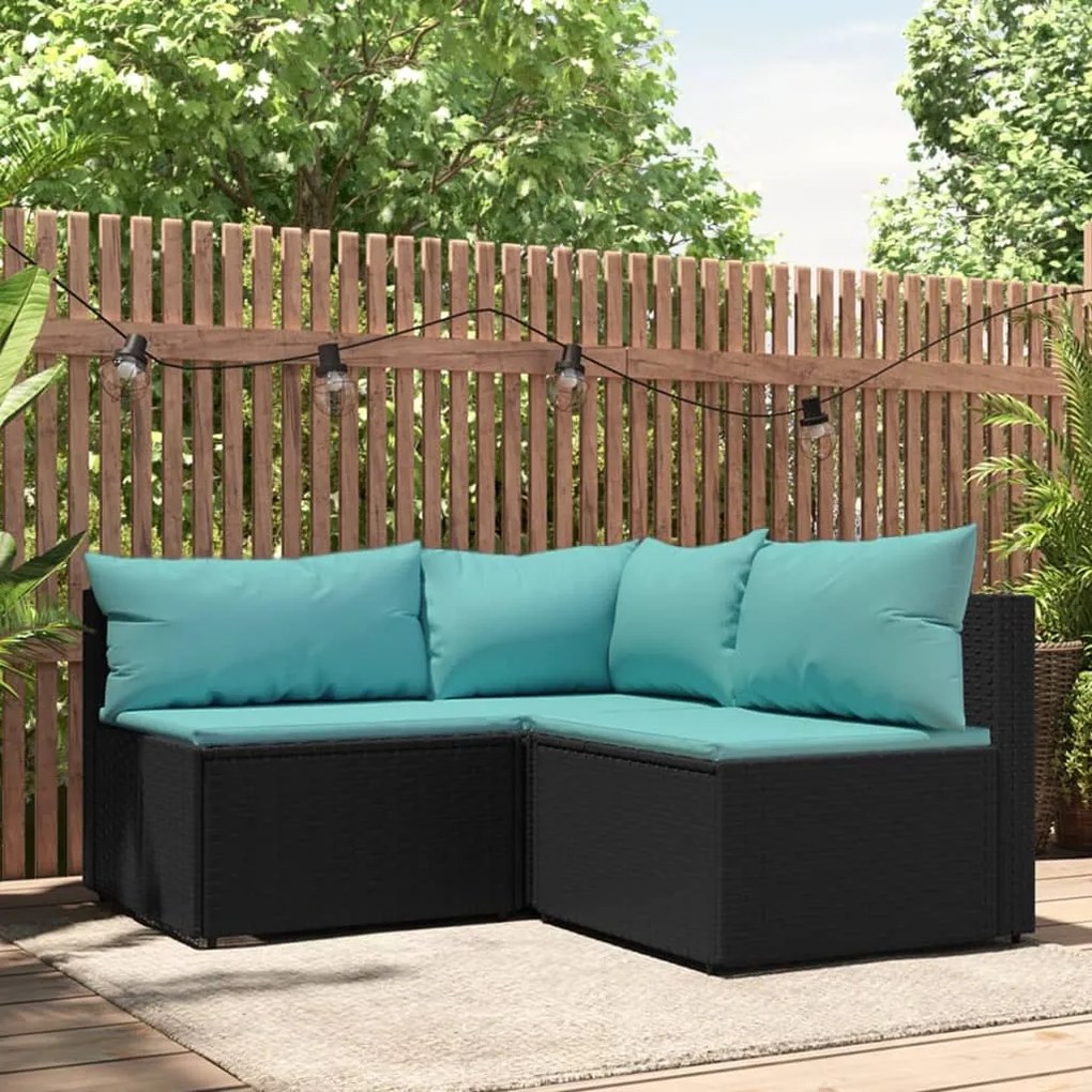 Set divani da giardino 3 pz con cuscini nero in polyrattan