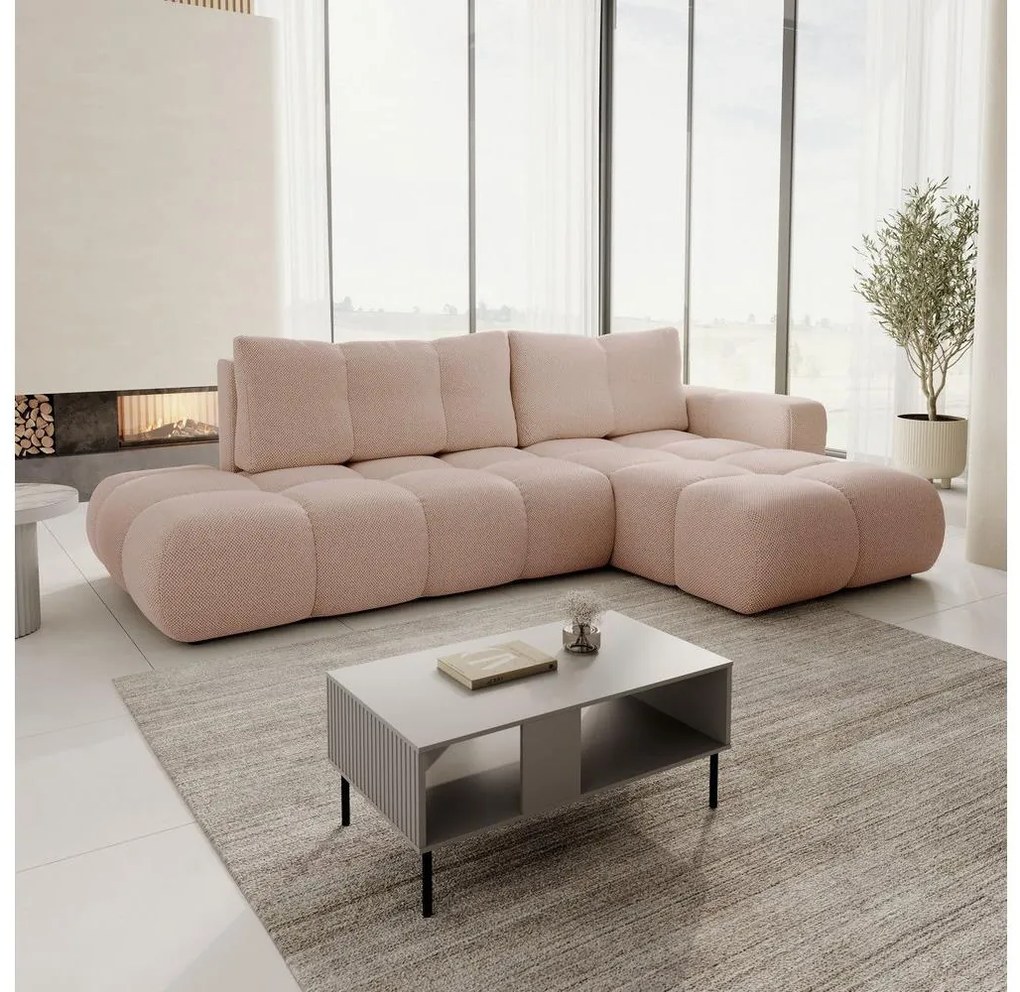 Divano letto angolare imbottito con contenitore a L ALMADA, lato destro, rosa