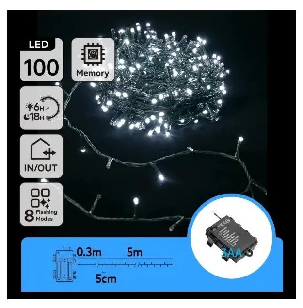 Aigostar - Catena luminosa natalizia LED esterna 100×LED/8 funzioni 3×AA 5,3 m IP44 bianco freddo