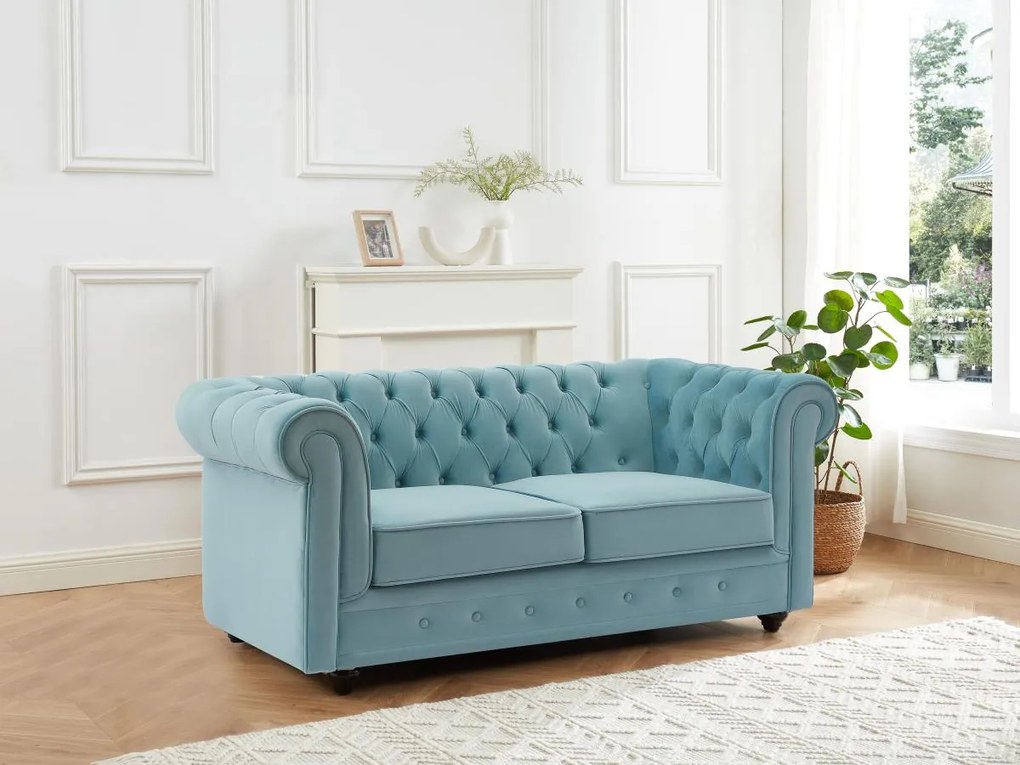 Divano 2 posti in Velluto Azzurro pastello - CHESTERFIELD