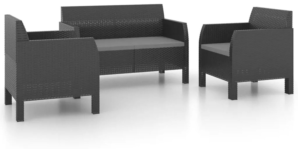 Set divani da giardino 3pz con cuscini in rattan pp antracite