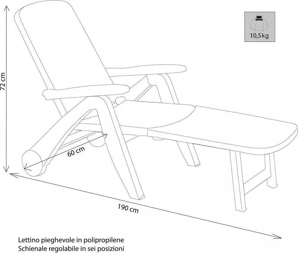 Lettino Prendisole da Giardino Cancun con Ruote 72x190x60 h cm in Plastica Bianco...