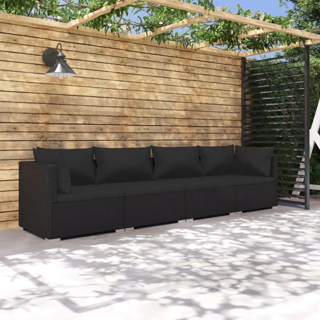 Set Divani da Giardino 4 pz con Cuscini in Polyrattan Nero