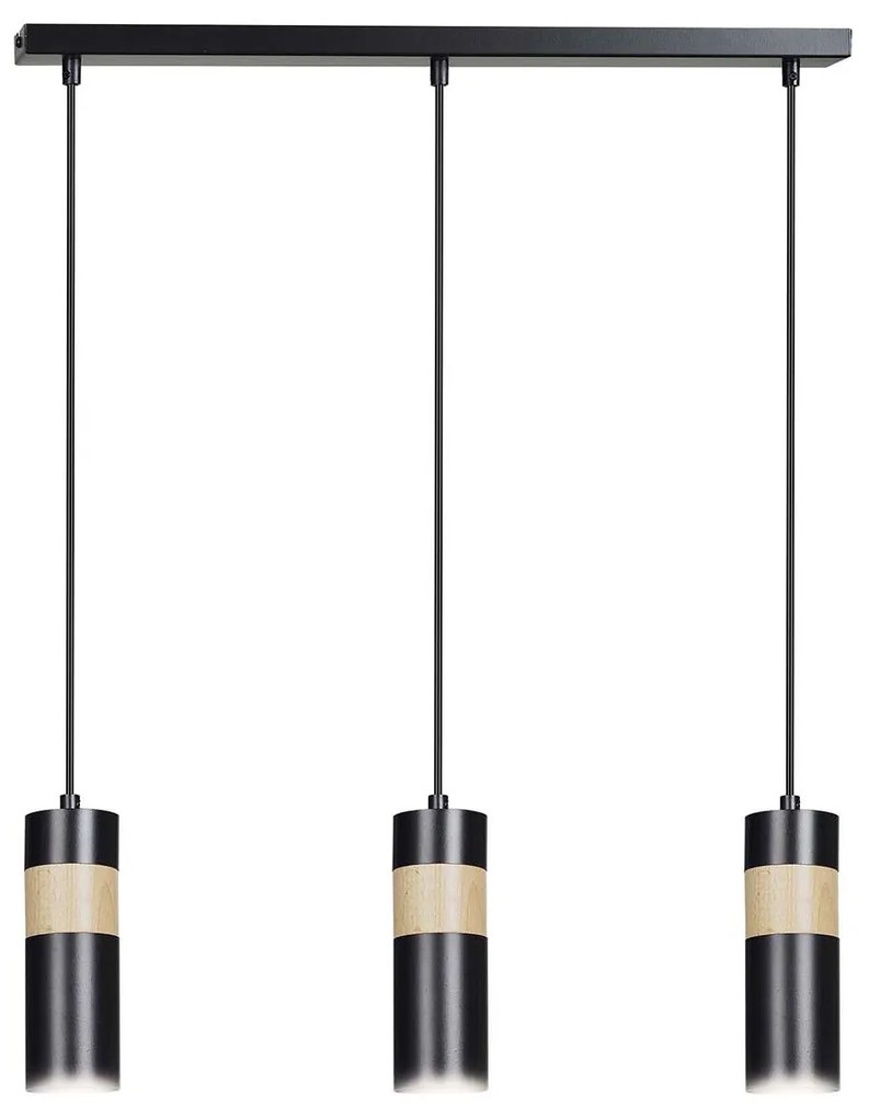 Lampadario 3 Luci Change In Acciaio Nero A Cilindro Con Legno Naturale