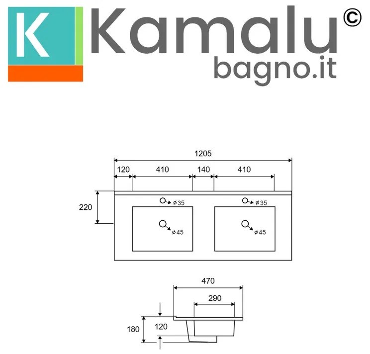 Kamalu - lavabo incasso 120 cm a doppia vasca | litos-k7012d