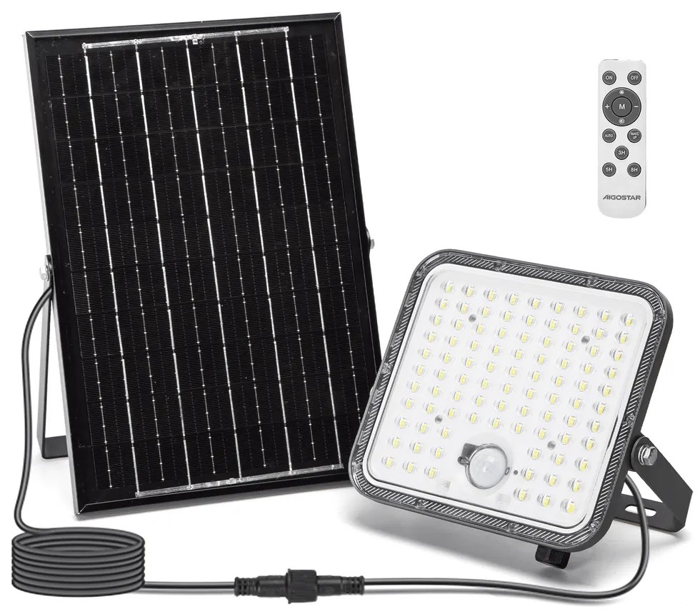 Faro Led 120W Grigio con pannello solare IP66 Bianco freddo 6500K Dimmerabile telecomando con sensore crepuscolare e di movimento Aigostar