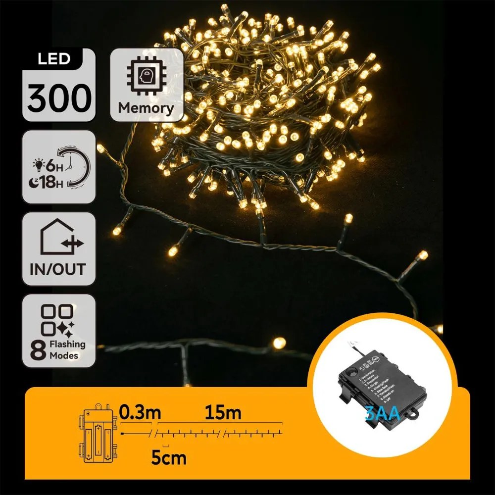 Aigostar-LED Catena luminosa da esterno 300 LED/8 funzioni 3xAA 15,3 m IP44 bianco caldo
