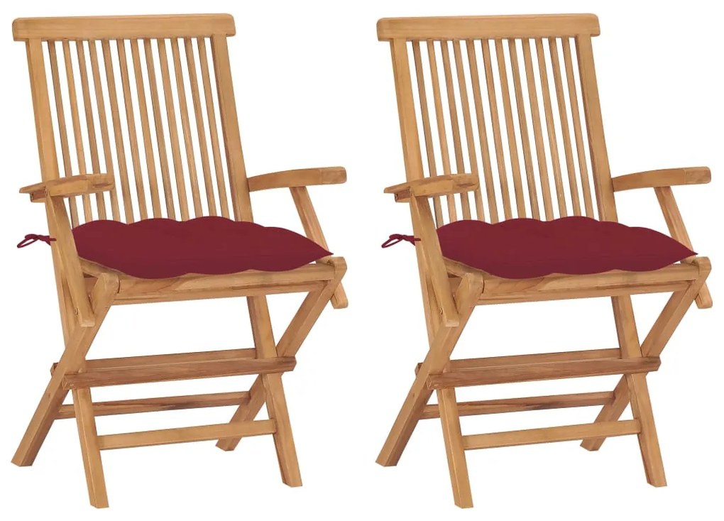 Sedie giardino 2 pz con cuscini rosso vino legno massello teak