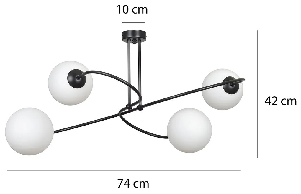 Plafoniera Moderna 4 Luci Nezha In Acciaio Nero E Sfere In Vetro Opale