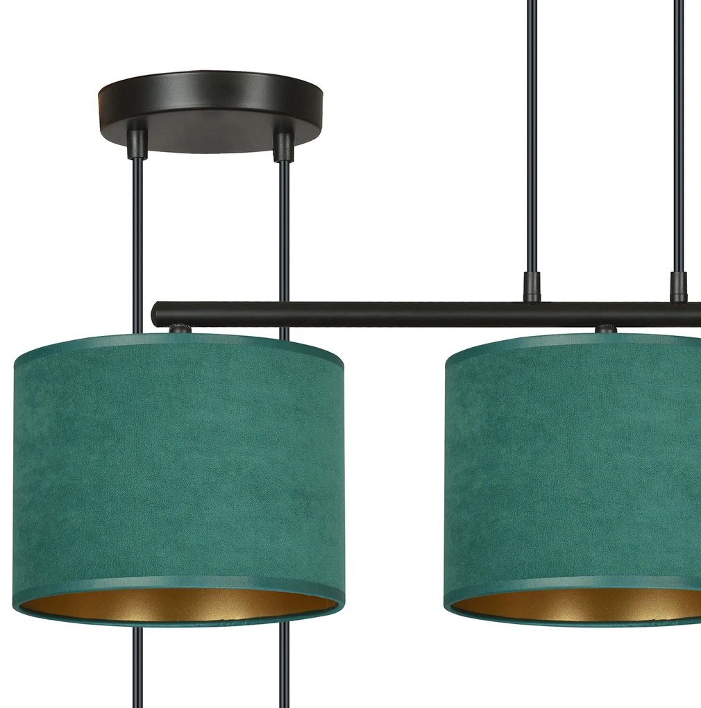 Lampadario 3 Luci Ganesha In Acciaio Nero E Paralumi In Tessuto Verde
