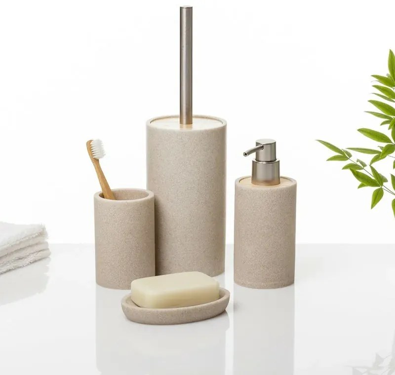 Portascopino bagno in resina beige con particolari in bamboo Sahara