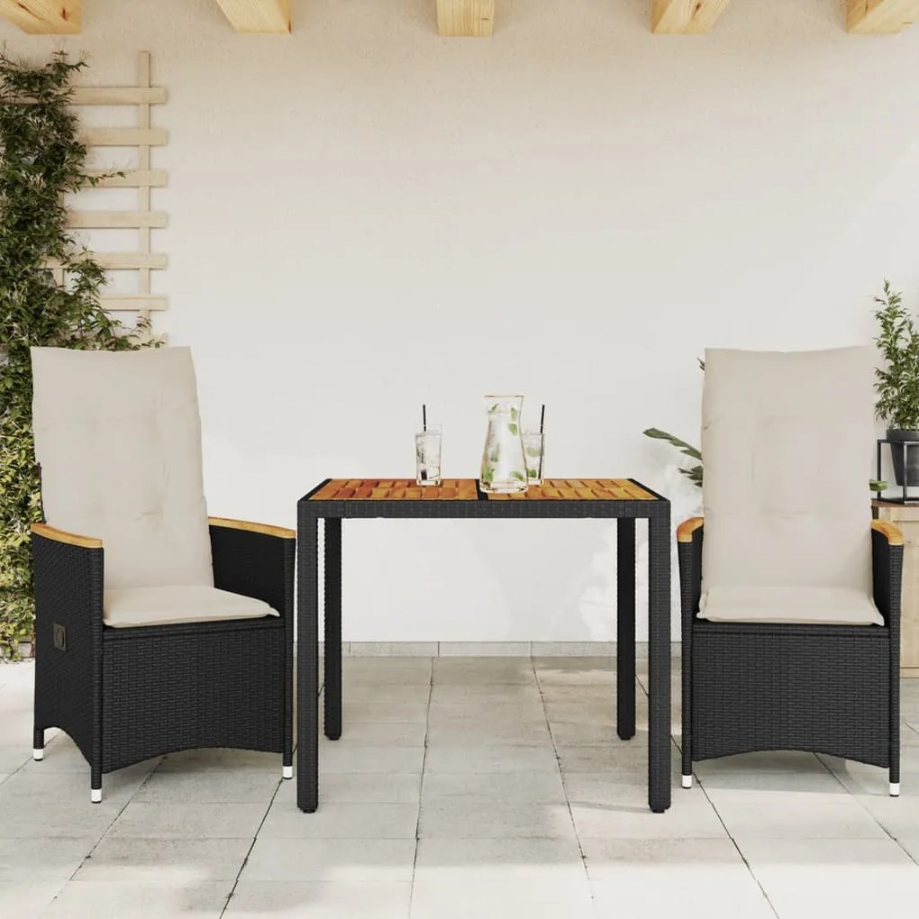 Set da bistrò 3 pz con cuscini nero in polyrattan