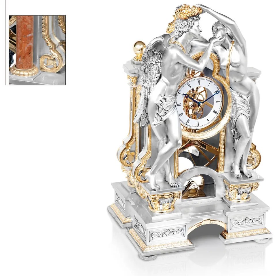 Orologio Pendolo Eros &amp; Psiche argento e oro cm.25x28x50h.