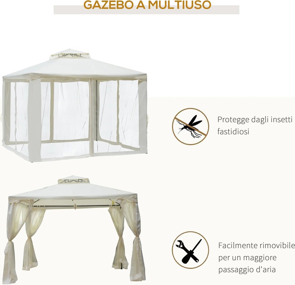 Gazebo da Giardino 2.95x2.95m in Metallo Doppio Tetto Zanzariera e Laterali Beige...