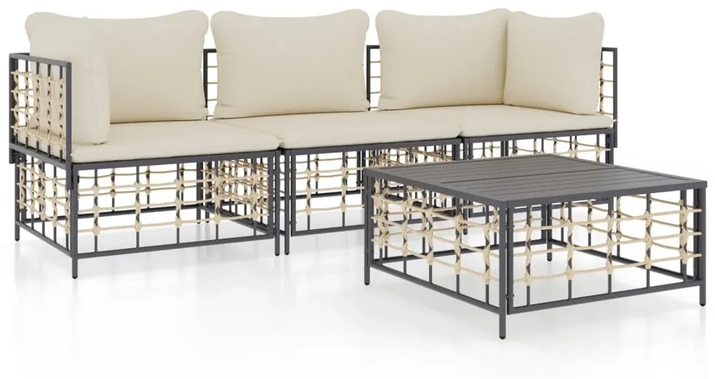 Set divani da giardino 4 pz con cuscini antracite in polyrattan