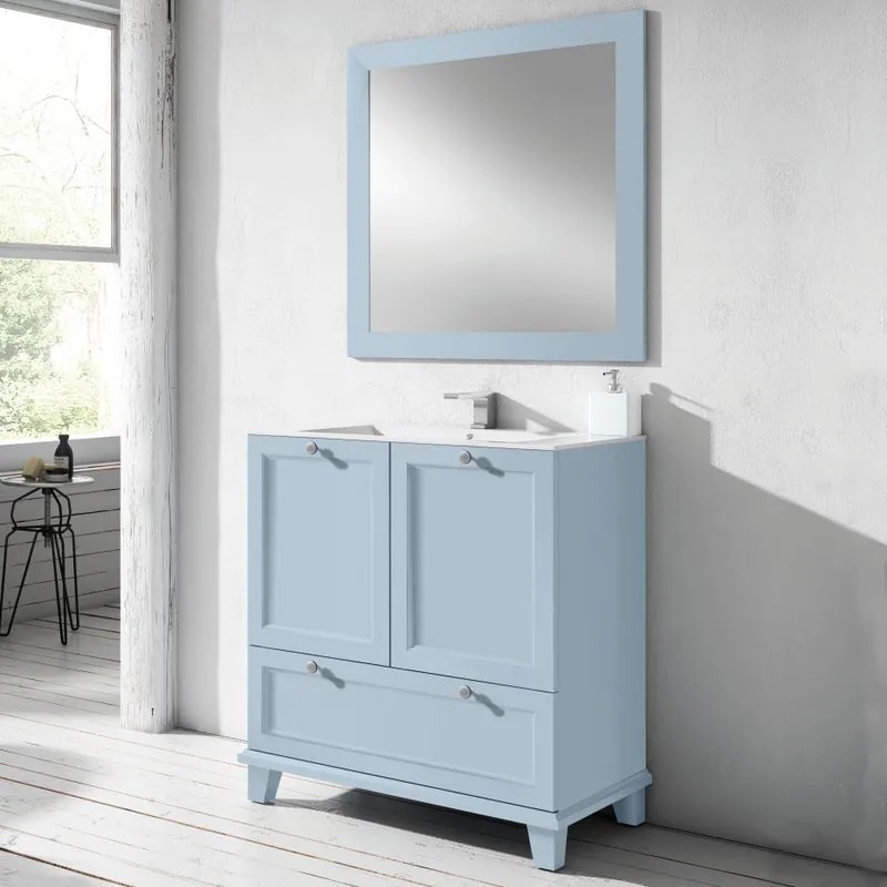 Mobile da bagno sotto lavabo Unike celeste laccato opaco L 80 x H 85 x P 45 cm 1 cassetto 2 ante, lavabo posizionabile centralmente non incluso