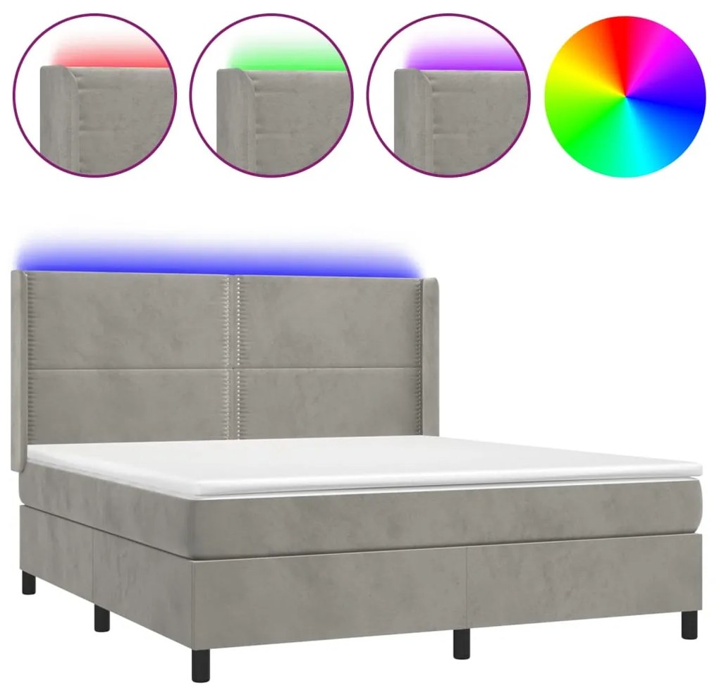 Letto a Molle Materasso e LED Grigio Chiaro 180x200 cm Velluto