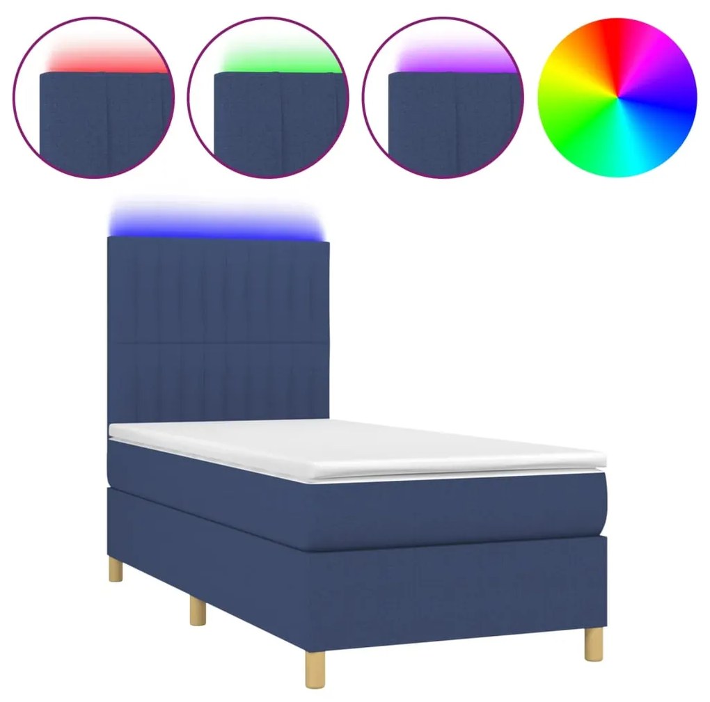 Letto a molle con materasso e led blu 90x200 cm in tessuto