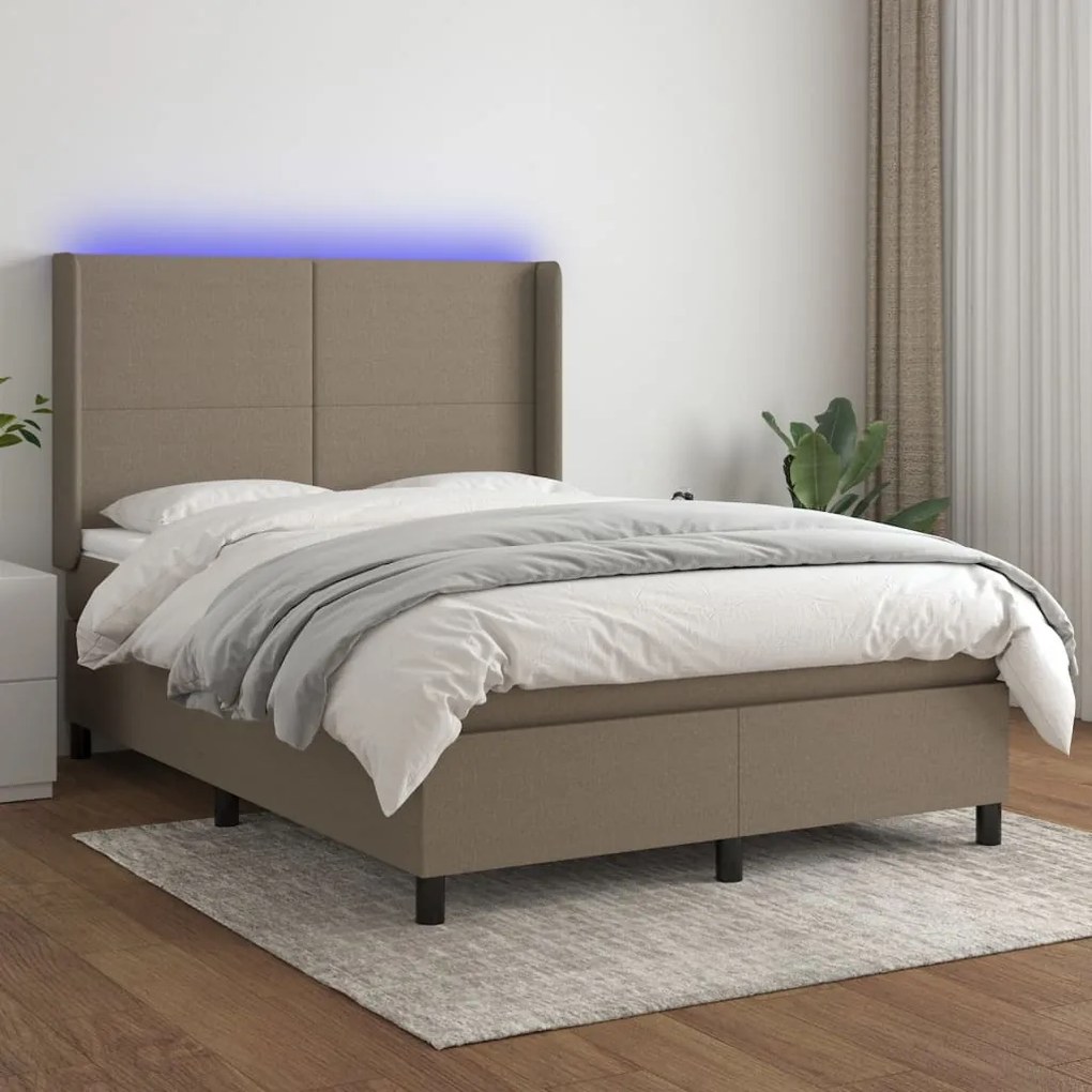 Letto a molle con materasso e led tortora 140x190 cm in tessuto