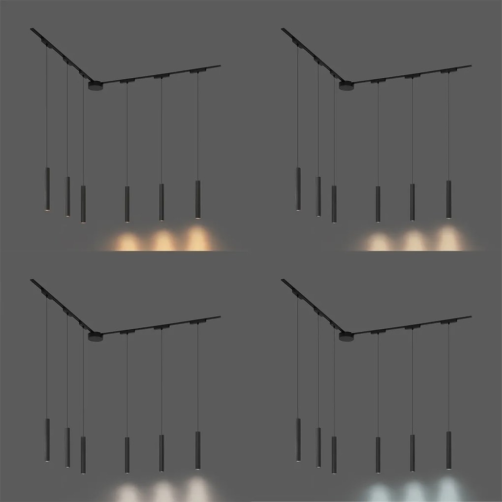 Sistema di illuminazione su binario moderno con 6 faretti a sospensione neri monofase - Magnetic Cassie