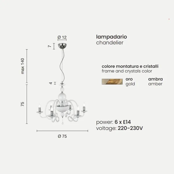 Lampadario a sospensione VIVALDI a 6 luci in vetro lavorato a mano AMBRA