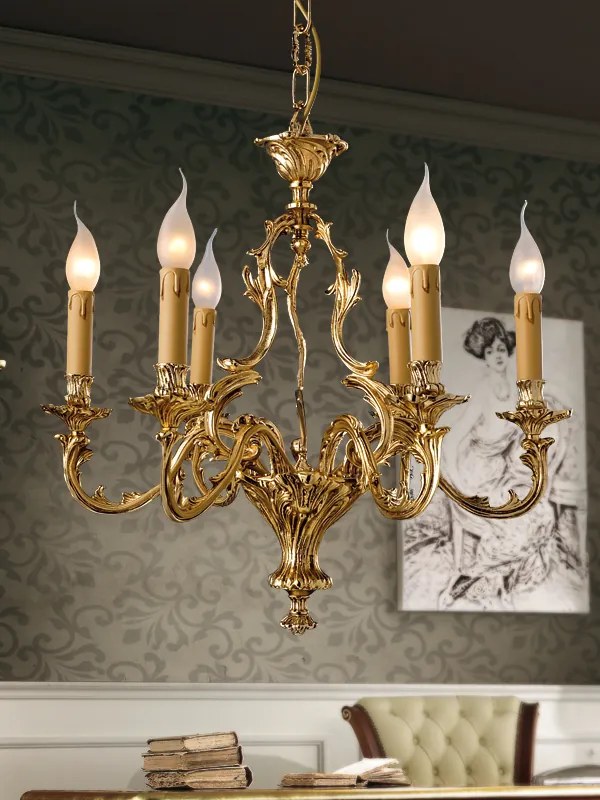 6-light chandelier brass casting - 12.455/6 - Gold Light and Crystal - Arredoluce Argento anticato