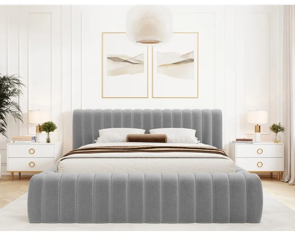 Letto matrimoniale imbottito grigio chiaro con contenitore e rete inclusi 160x200 cm Carilla – ELTAP