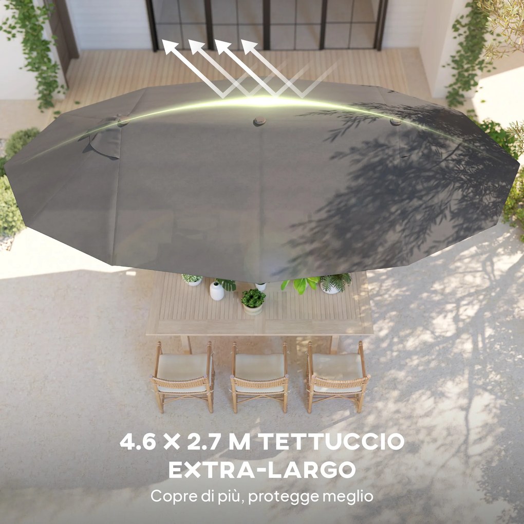 Ombrellone Doppio a 12 Stecche 455x265x238 cm con Base a Croce e Manovella in Acciaio e Poliestere Grigio...