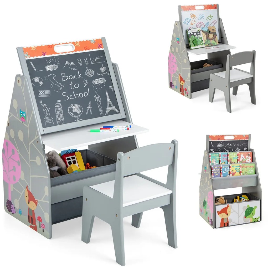 Costway Doppio lato cavalletto per bambini e stazione di gioco, Set tavolo e sedia con lavagna bianca e lavagna magnetica 2 Colori