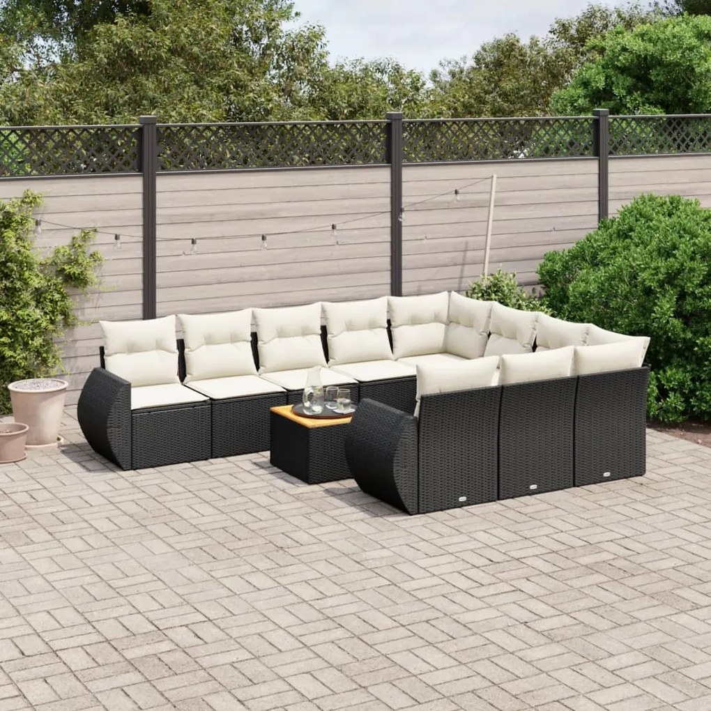 Set divani da giardino 11 pz con cuscini in polyrattan nero