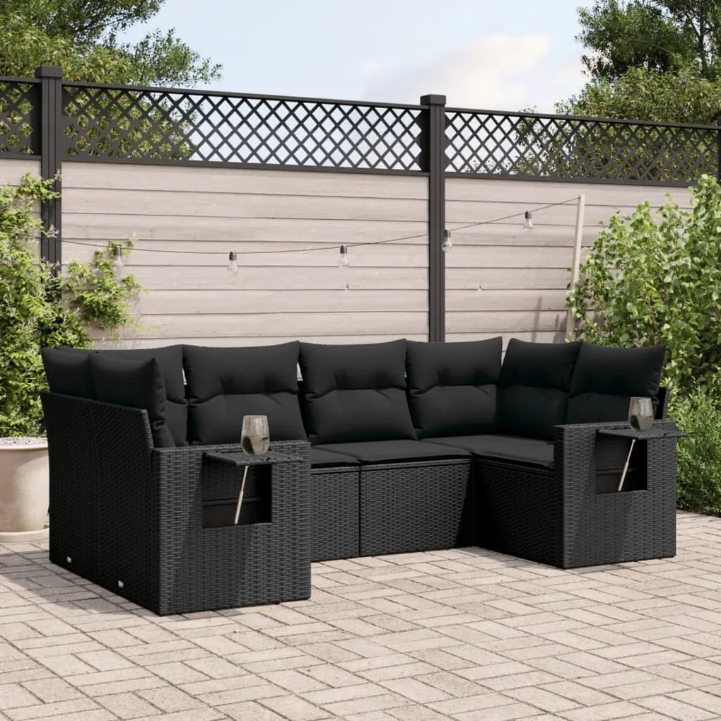 Set Divano da Giardino 6 pz con Cuscini Nero in Polyrattan