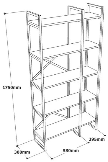 Libreria Industrial 2 Sezioni E 5 Ripiani Ferro E Legno 87x30x175 Voyage