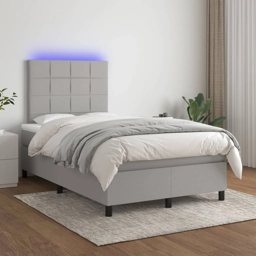 Letto a molle materasso e led grigio chiaro 120x200 cm tessuto