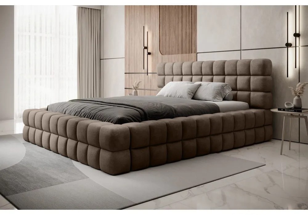 Letto matrimoniale imbottito marrone chiaro con contenitore e rete inclusi 180x200 cm Dizzle – ELTAP