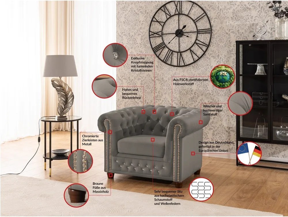 Poltrona chesterfield grigia con rivestimento in velluto York Blik – Ropez