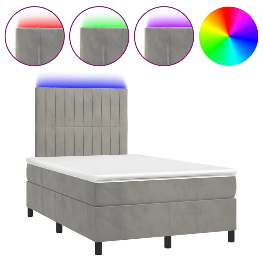 Letto a molle materasso e led grigio chiaro 120x190 cm velluto