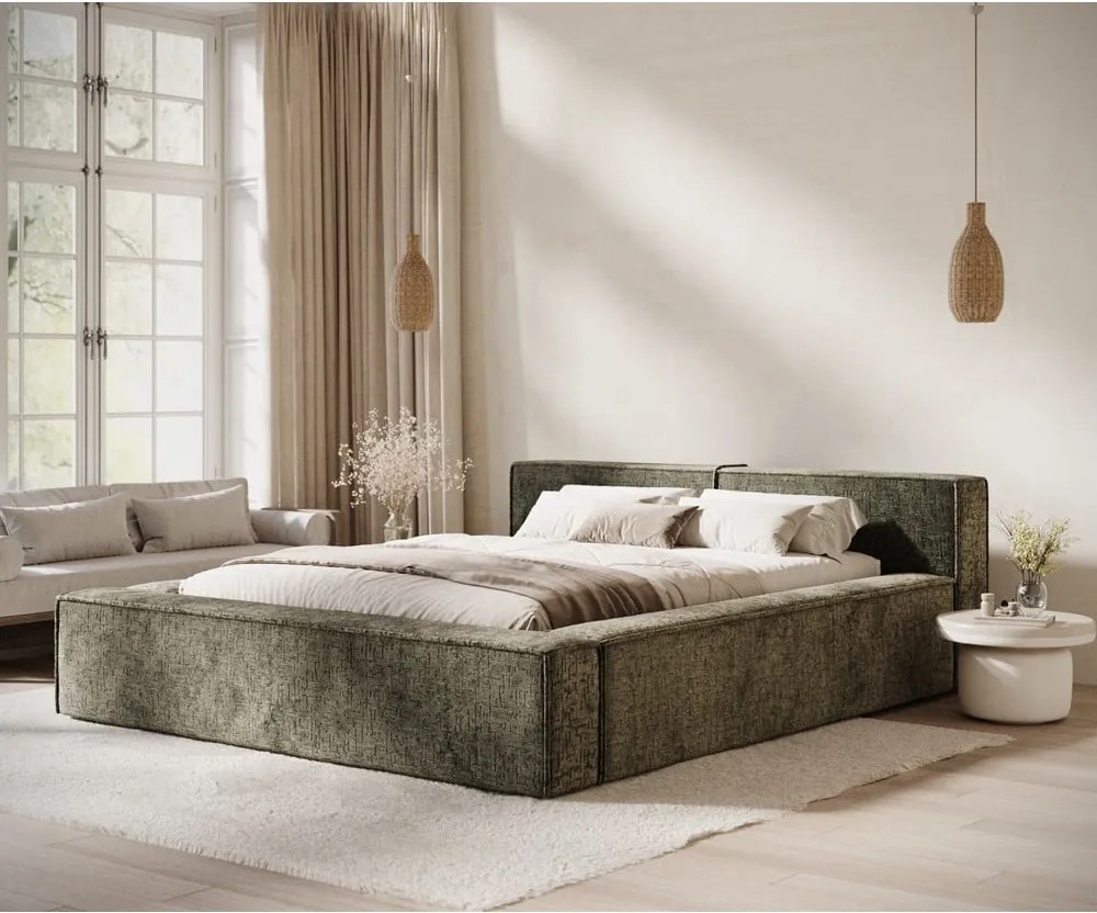 Letto matrimoniale imbottito verde scuro con contenitore e rete inclusi 160x200 cm Voliera – Maison de Rêve