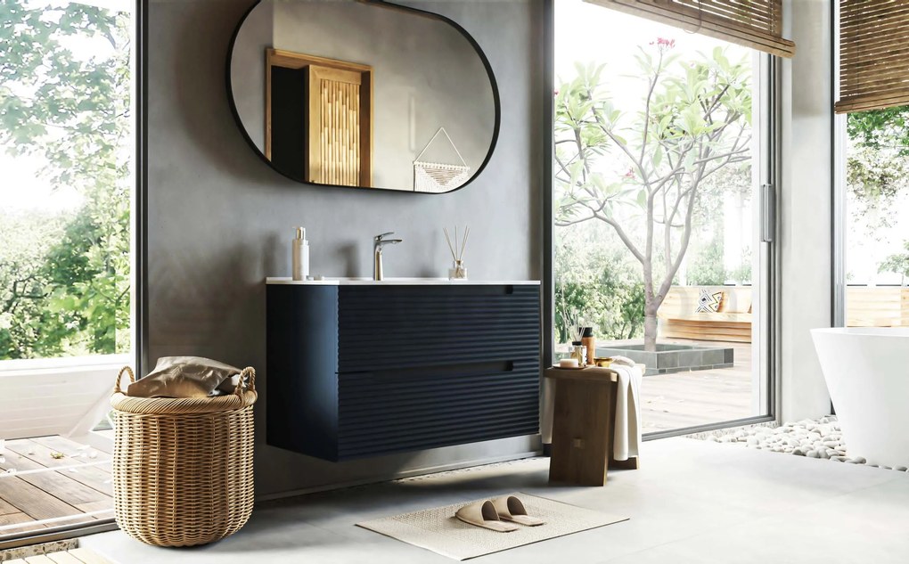 Mobile bagno blu notte 80x45 Mango due cassetti soft close con lavabo in ceramica lucida