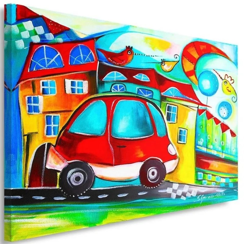 Quadro su tela, Città colorata auto rossa  Dimensioni 120x80