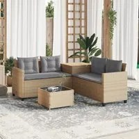 Divano da Giardino con Tavolo e Cuscini a L Beige in Polyrattan 369030