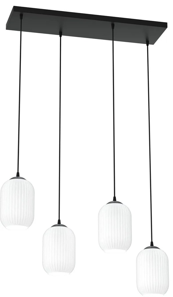Lampadario 4 Luci Selene In Acciaio Nero E Vetri Plissettati Bianchi