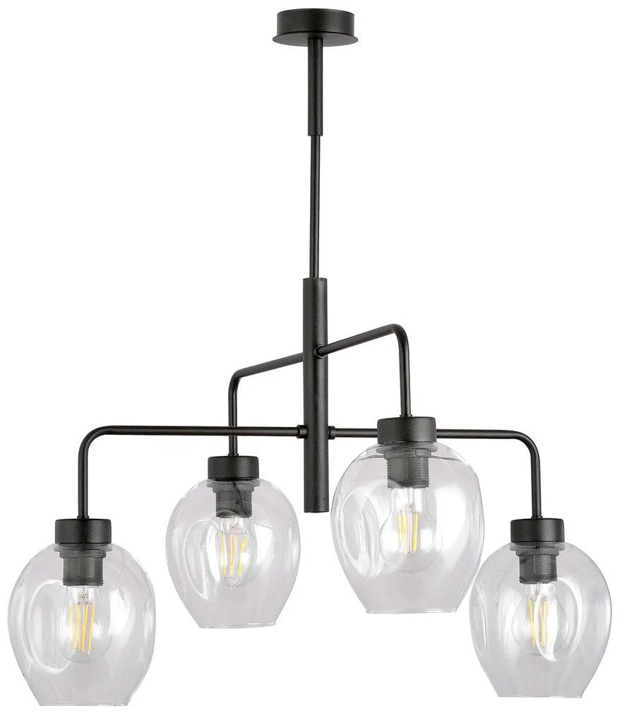 Lampadario Moderno 4 Luci Auriga In Accaio Nero E Vetro Trasparente