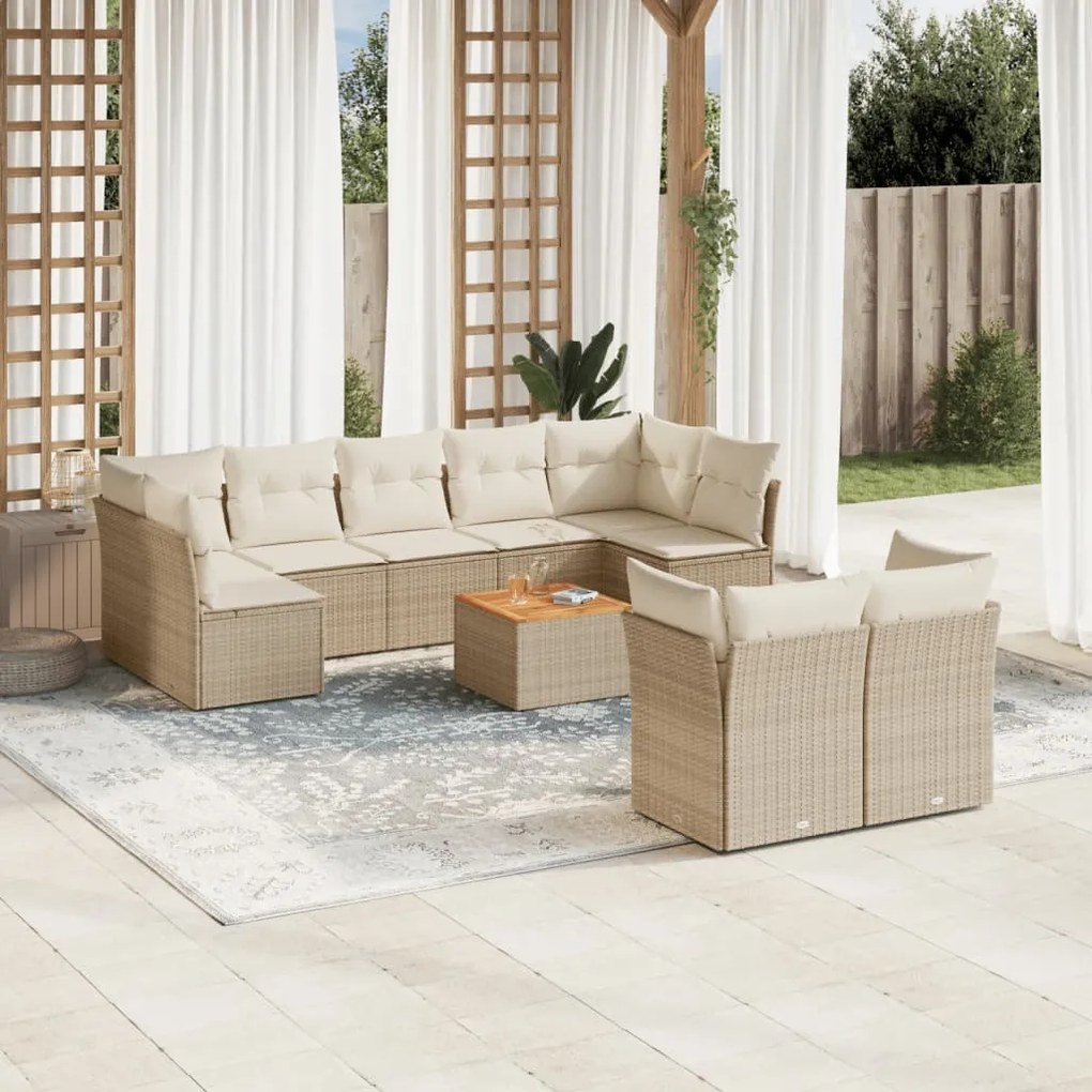 Set Divano da Giardino 10 pz con Cuscini Beige in Polyrattan