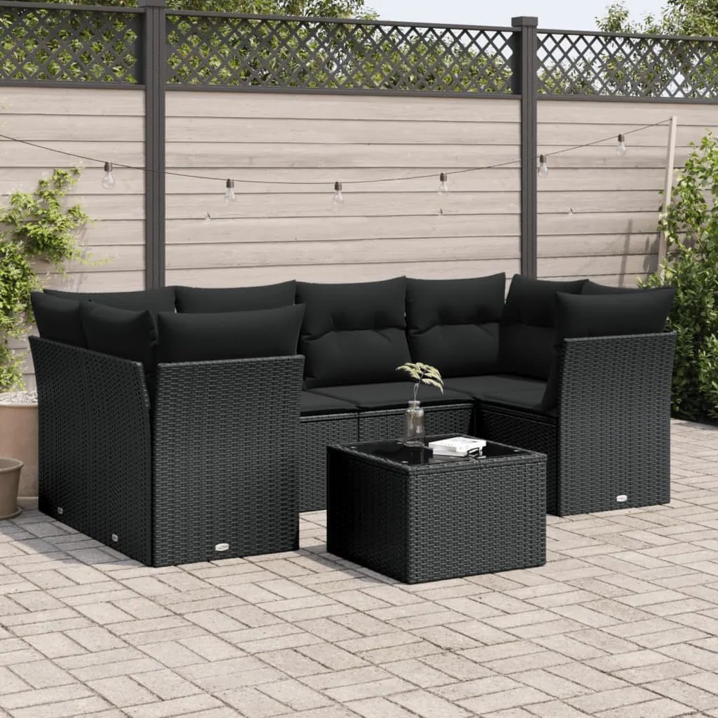 Set divani da giardino con cuscini 7pz nero polyrattan