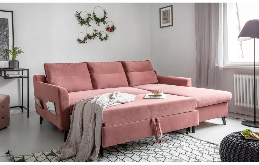Divano letto angolare in velluto rosa, angolo destro Stylish Stan - Miuform
