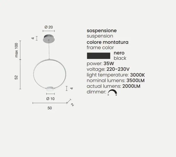 Lampada a sospensione Led OMEGA in metallo verniciato Nero Grande 50 cm
