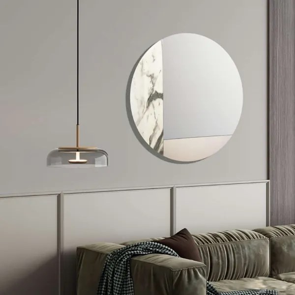 Specchio rotondo 80 cm marmo laminato bianco e foglia argento - THOMAS