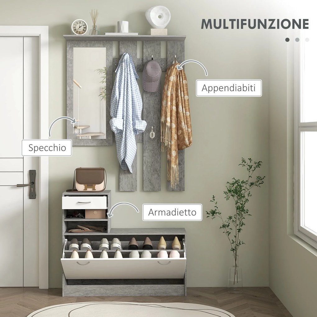 Mobile Guardaroba per Ingresso con Specchio Appendiabiti e Scarpiera Regolabile Grigio...