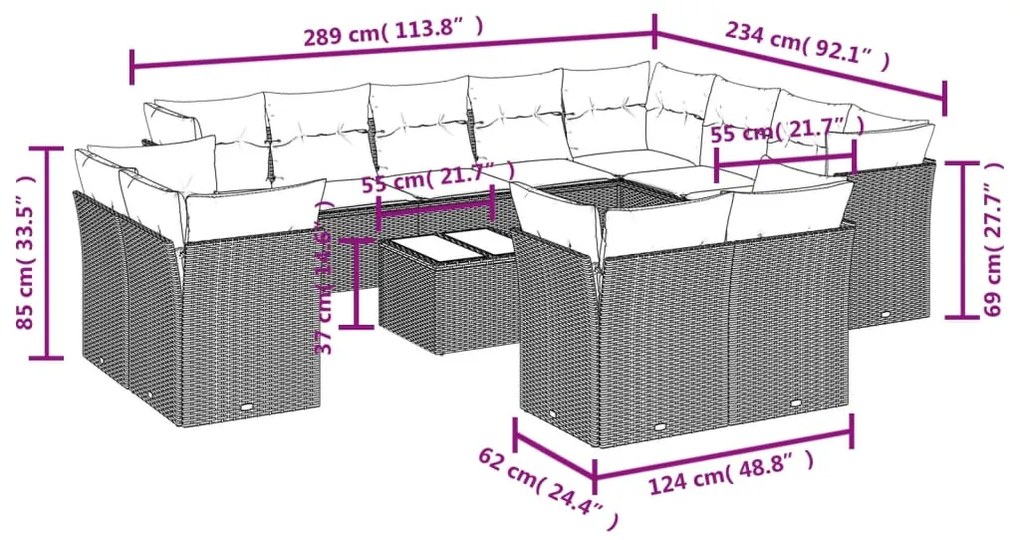 Set divani da giardino 13pz con cuscini nero in polyrattan