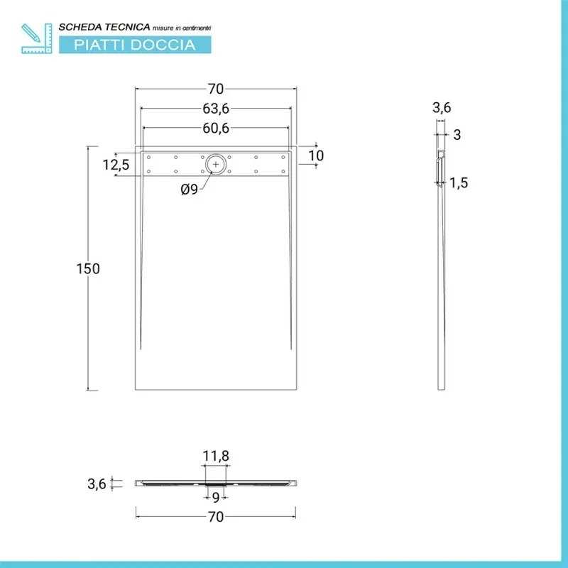 Piatto doccia 70x150 bianco pietra in resina riducibile con canalina Argo